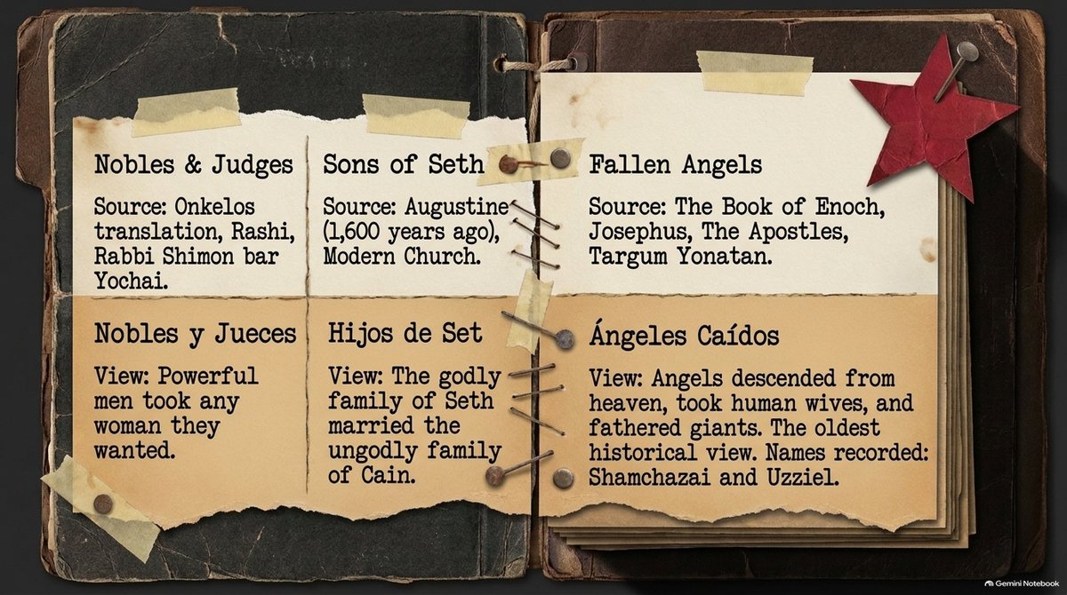 Three answers in an open file, in English and Spanish: Nobles & Judges (Onkelos, Rashi, Rabbi Shimon bar Yochai), Sons of Seth (Augustine and the modern church), and Fallen Angels (the Book of Enoch, Josephus, the Apostles, Targum Yonatan).