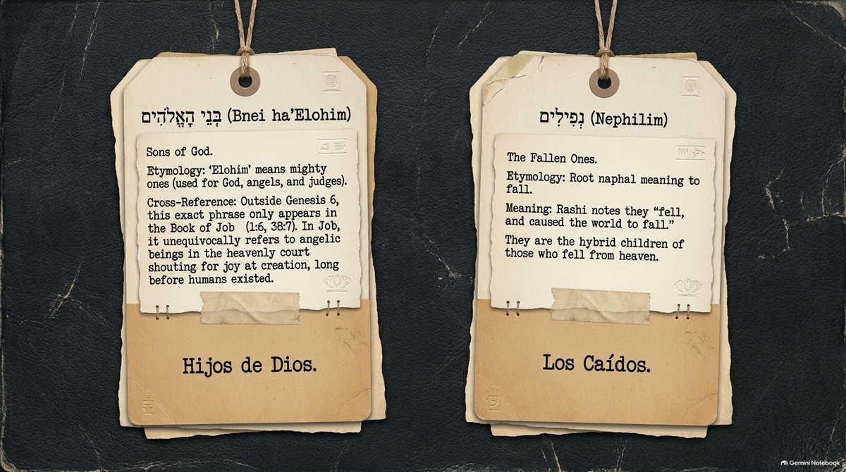 Two hanging tags: “בְּנֵי הָאֱלֹהִים (Bnei ha’Elohim), Sons of God,” a phrase that outside Genesis 6 appears only in Job, for angels in the heavenly court; and “נְפִילִים (Nephilim), the Fallen Ones,” from the root naphal, “to fall.”
