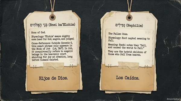 Two hanging tags: “בְּנֵי הָאֱלֹהִים (Bnei ha’Elohim), Sons of God,” a phrase that outside Genesis 6 appears only in Job, for angels in the heavenly court; and “נְפִילִים (Nephilim), the Fallen Ones,” from the root naphal, “to fall.”