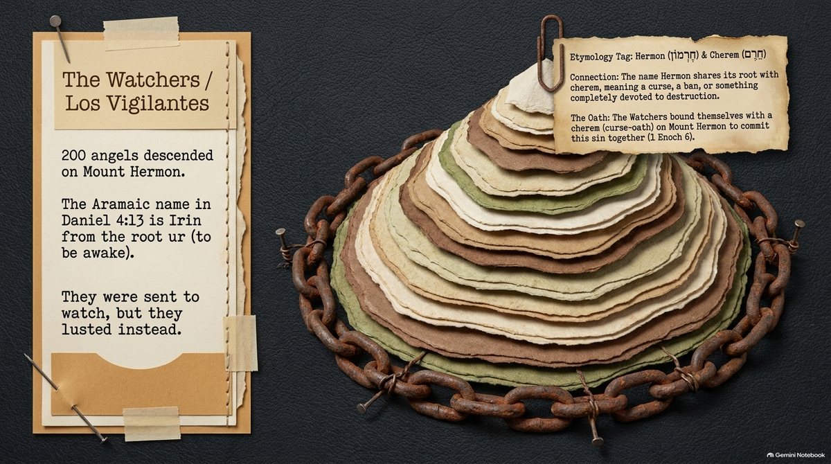 “The Watchers / Los Vigilantes”: 200 angels descended on Mount Hermon; Daniel 4:13 calls them irin, from ur, “to be awake.” Beside it, a layered paper mountain bound with a rusty chain, tagged with the link between Hermon (חֶרְמוֹן) and cherem (חֵרֶם), the curse-oath of 1 Enoch 6.