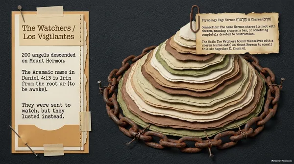 “The Watchers / Los Vigilantes”: 200 angels descended on Mount Hermon; Daniel 4:13 calls them irin, from ur, “to be awake.” Beside it, a layered paper mountain bound with a rusty chain, tagged with the link between Hermon (חֶרְמוֹן) and cherem (חֵרֶם), the curse-oath of 1 Enoch 6.