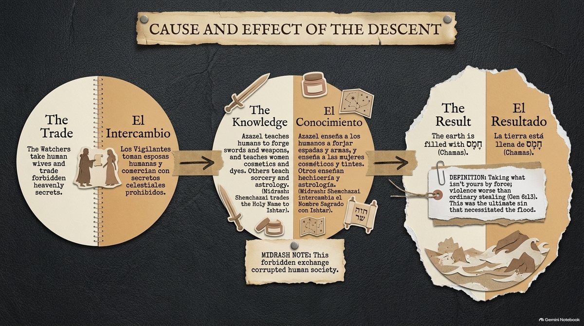 “Cause and effect of the descent,” in English and Spanish: The Trade (the Watchers take human wives and trade forbidden heavenly secrets), then The Knowledge (Azazel teaches swords, weapons, cosmetics and dyes; others teach sorcery and astrology), then The Result (the earth is filled with chamas, חָמָס, violence).