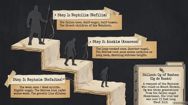 A paper staircase with three giant silhouettes, each smaller than the last: Step 1, Nephilim, the fallen angels themselves, the Watchers who came down on Mount Hermon; Step 2, Anakim, their half-angel children, the tall “long-necked” ones; Step 3, Rephaim, their quarter-angel grandchildren, “the weak ones,” each generation smaller and weaker. A callout on Og of Bashan: son of Achiah, son of the fallen angel Shamchazai (Niddah 61a), with an iron bed over 13 feet (4 meters) long (Deuteronomy 3:11).