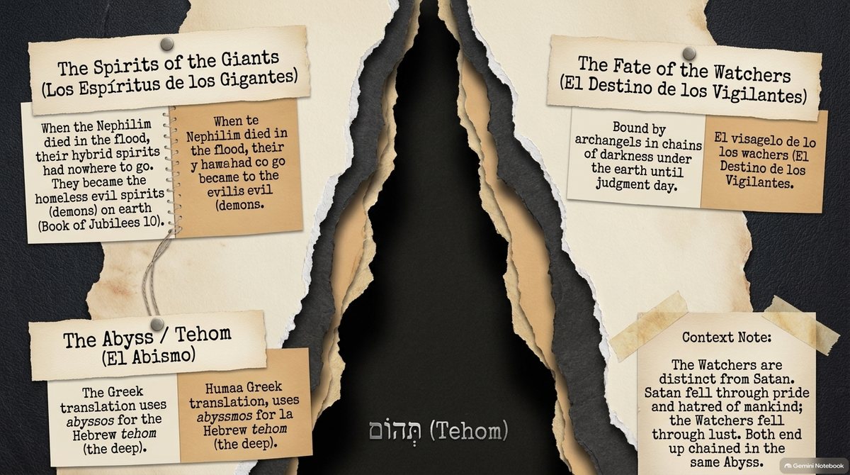 A dark chasm labeled תְּהוֹם (Tehom), with notes: The Spirits of the Giants, who became the homeless evil spirits (Jubilees 10); The Fate of the Watchers, bound in chains of darkness until judgment day; The Abyss, the Greek abyssos for the Hebrew tehom; and a note that the Watchers are distinct from Satan.