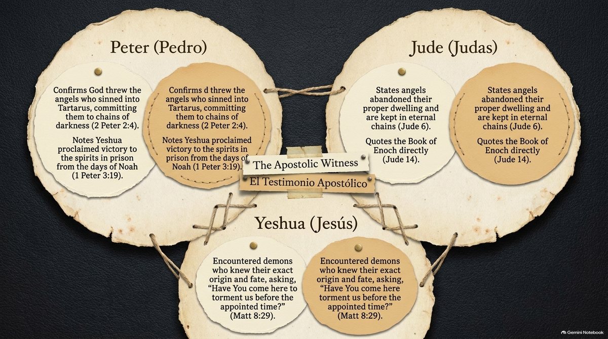 “The Apostolic Witness”: three linked circles. Peter: God threw the angels who sinned into Tartarus (2 Peter 2:4), and Yeshua proclaimed victory to the spirits in prison (1 Peter 3:19). Jude: the angels abandoned their proper dwelling and are kept in chains (Jude 6), and he quotes Enoch (Jude 14). Yeshua: the demons asked, “Have You come here to torment us before the appointed time?” (Matthew 8:29).