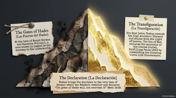 A mountain, half burnt and half gold. “The Gates of Hades”: at the foot of Mount Hermon, the cave at Caesarea Philippi was called the doorway to the underworld. “The Declaration”: “The gates of Hades will not overcome it” (Matthew 16:18). “The Transfiguration”: Yeshua shines with the light of heaven on the high mountain, reclaiming it (Psalm 133:3).