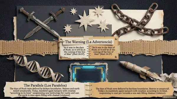 “The Warning”: “As it was in the days of Noah, so it will be at the coming of the Son of Man” (Matthew 24:37), surrounded by crossed swords, stars, chains, a DNA strand, a missile and a glowing screen. “The Parallels”: the days of Noah were defined by broken boundaries, and the earth is again filling with chamas, violence.