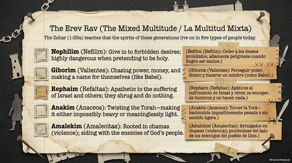 “The Erev Rav (The Mixed Multitude)”: the Zohar (1:25a) names five types: Nephilim (forbidden desires, dangerous when pretending to be holy), Giborim (power, money and a name for themselves), Rephaim (shrugging at Israel’s suffering), Anakim (making the Torah too heavy or too light) and Amalekim (rooted in chamas, siding with Israel’s enemies).