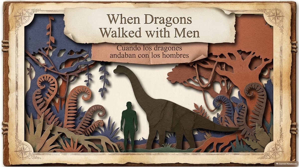 Title slide: a paper diorama of a man walking beside a long-necked dinosaur in a jungle. “When Dragons Walked with Men,” with the Spanish title “Cuando los dragones andaban con los hombres.”