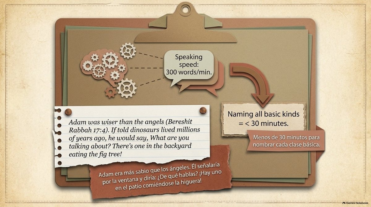 Gears and a speech bubble: “Speaking speed: 300 words/min. Naming all basic kinds = under 30 minutes.” A note: “Adam was wiser than the angels (Bereshit Rabbah 17:4). If told dinosaurs lived millions of years ago, he would say, What are you talking about? There’s one in the backyard eating the fig tree!”
