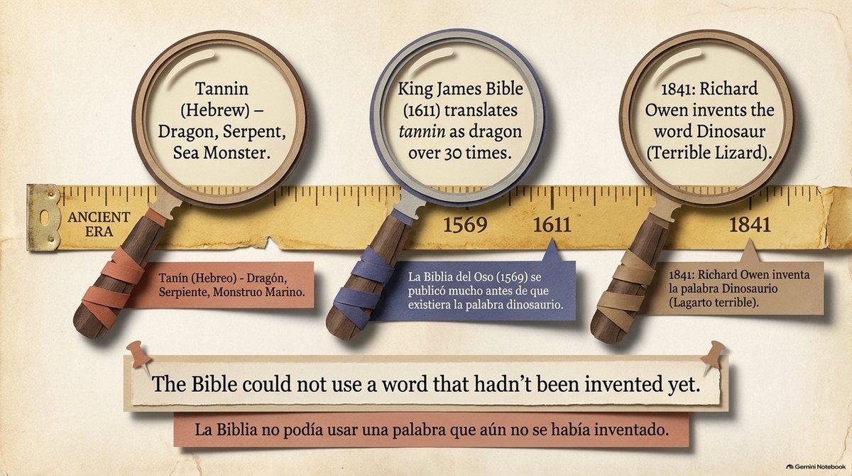 Three magnifying glasses on a timeline: tannin (Hebrew) means dragon, serpent, sea monster; the King James Bible (1611) translates tannin as dragon over 30 times, and the Spanish Bible del Oso (1569) came long before; in 1841 Richard Owen invented the word “dinosaur” (terrible lizard). “The Bible could not use a word that hadn’t been invented yet.”