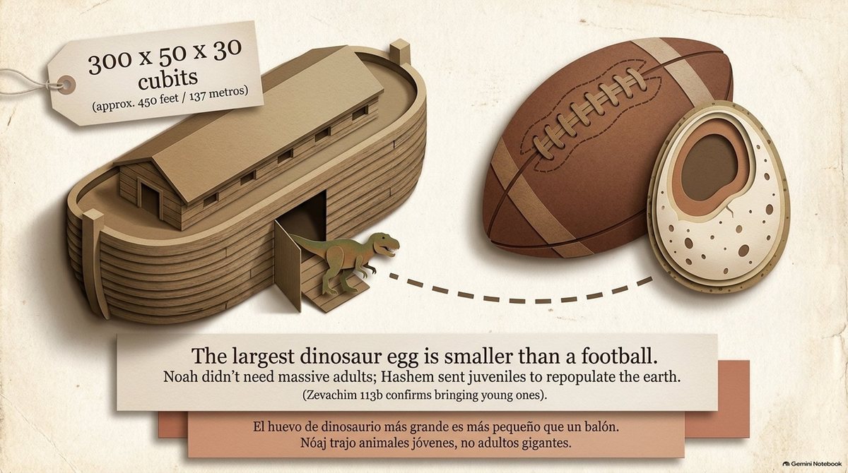 Noah’s ark tagged “300 × 50 × 30 cubits (about 450 feet / 137 meters)” with a young dinosaur at the door, beside a football and a dinosaur egg. “The largest dinosaur egg is smaller than a football. Noah didn’t need massive adults; Hashem sent juveniles to repopulate the earth” (Zevachim 113b).