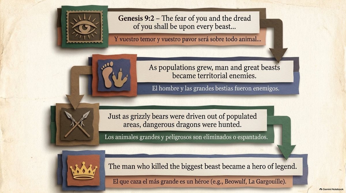 A chain of four steps: Genesis 9:2, “The fear of you and the dread of you shall be upon every beast”; as populations grew, man and great beasts became territorial enemies; just as grizzly bears were driven out of populated areas, dangerous dragons were hunted; the man who killed the biggest beast became a hero of legend.