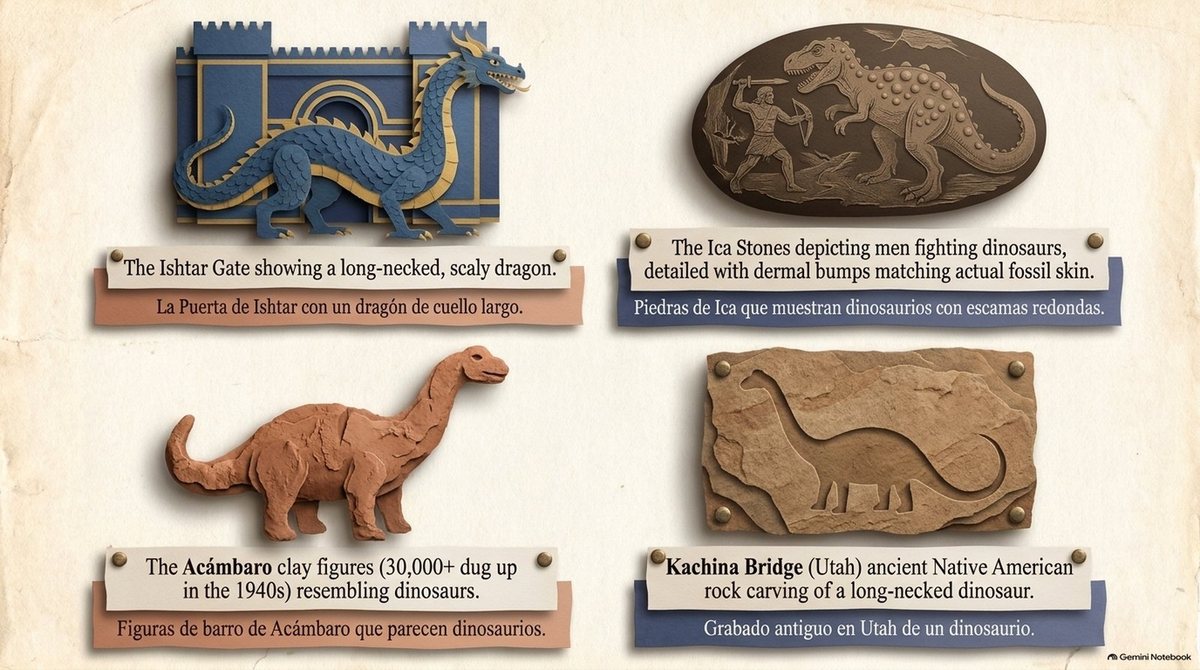 Four ancient pictures: the Ishtar Gate showing a long-necked, scaly dragon; the Ica stones depicting men fighting dinosaurs; the Acámbaro clay figures (over 30,000 dug up in the 1940s) resembling dinosaurs; and the Kachina Bridge (Utah) rock carving of a long-necked dinosaur.