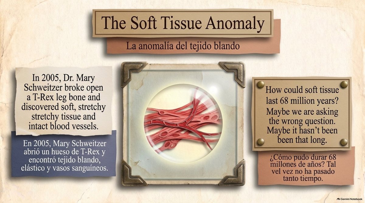 “The Soft Tissue Anomaly”: red stretchy fibers in a glass case. “In 2005, Dr. Mary Schweitzer broke open a T-Rex leg bone and discovered soft, stretchy tissue and intact blood vessels. How could soft tissue last 68 million years? Maybe we are asking the wrong question. Maybe it hasn’t been that long.”