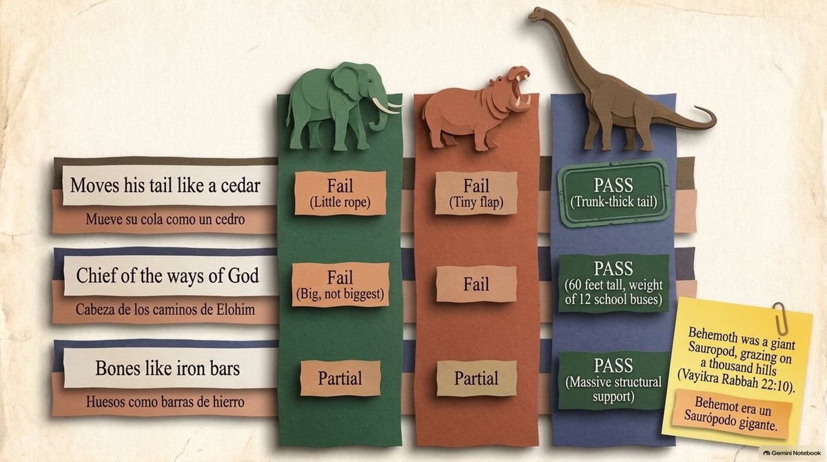 A test of Behemoth (Job 40): an elephant, a hippopotamus and a sauropod checked against “moves his tail like a cedar,” “chief of the ways of God” and “bones like iron bars.” The elephant and hippo fail; the sauropod passes every test. “Behemoth was a giant sauropod, grazing on a thousand hills” (Vayikra Rabbah 22:10).