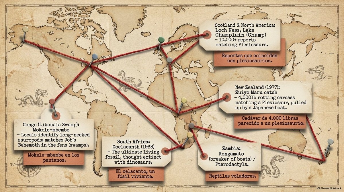 A world map with red strings to modern sightings: Loch Ness and Lake Champlain (10,000+ reports matching plesiosaurs), the Mokele-mbembe of the Congo (long-necked sauropods, like Job’s Behemoth in the fens), the coelacanth (1938, a living fossil), the Kongamato of Zambia (pterodactyls) and the Zuiyo Maru’s 4,000-pound carcass off New Zealand (1977).