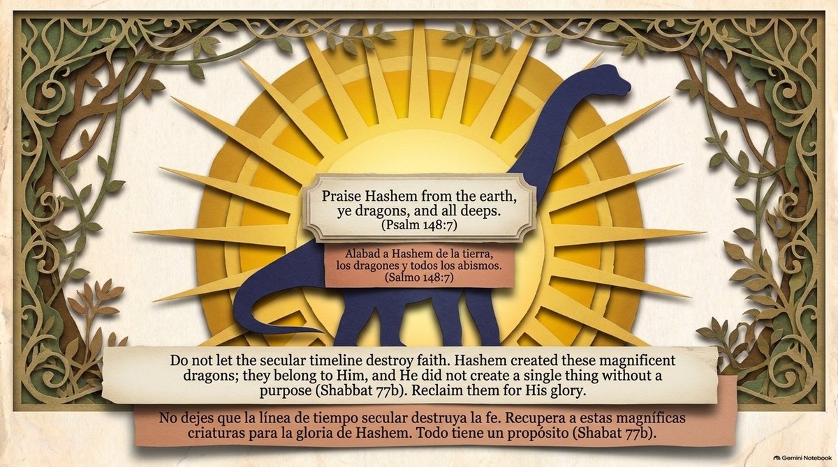 A blue sauropod before a golden sun in a frame of vines: “Praise Hashem from the earth, ye dragons, and all deeps” (Psalm 148:7). “Do not let the secular timeline destroy faith. Hashem created these magnificent dragons; they belong to Him, and He did not create a single thing without a purpose (Shabbat 77b). Reclaim them for His glory.”