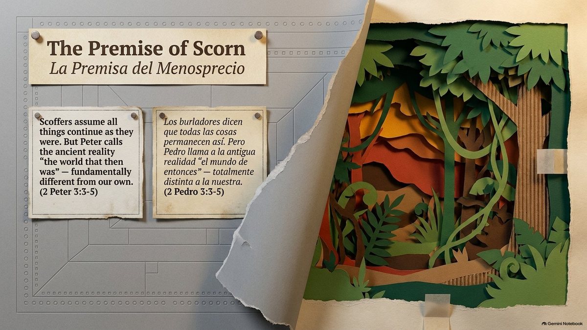“The Premise of Scorn”: “Scoffers assume all things continue as they were. But Peter calls the ancient reality ‘the world that then was’ — fundamentally different from our own” (2 Peter 3:3–5), with a paper page peeling back to reveal a lush ancient forest.