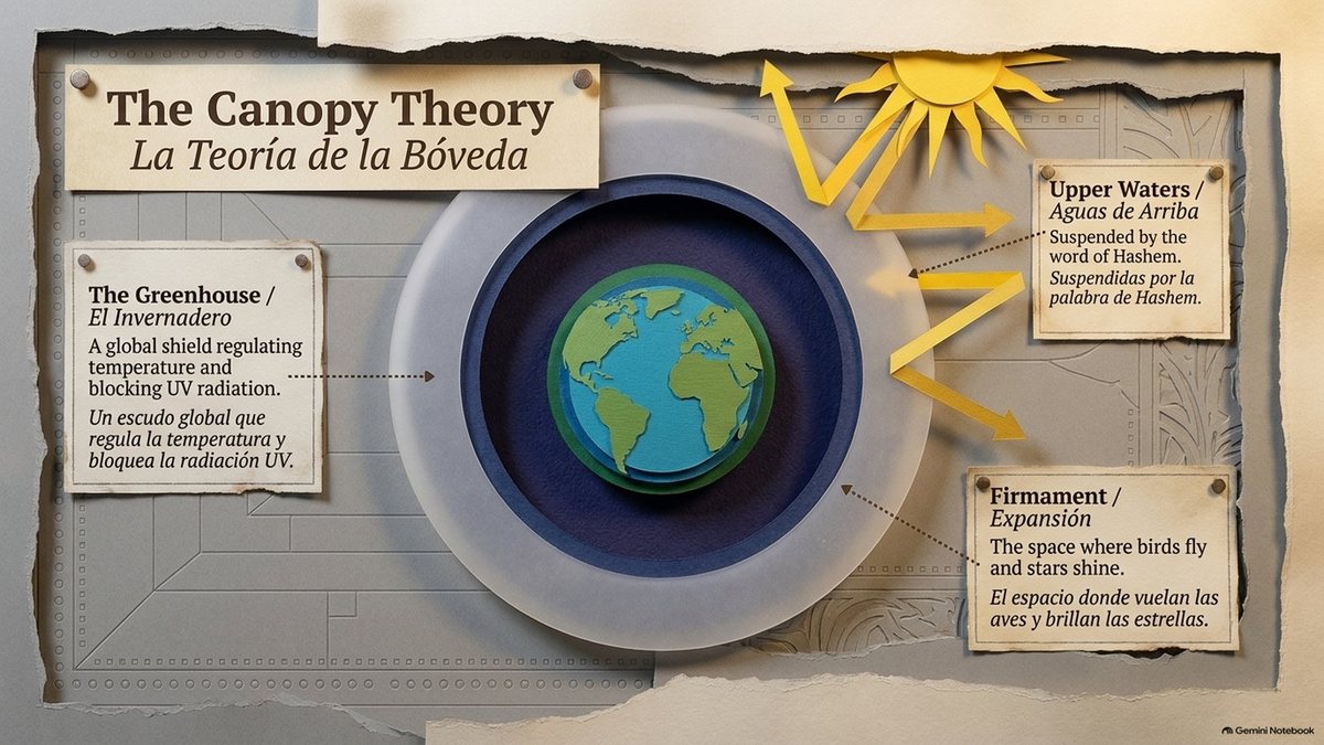 “The Canopy Theory”: the earth wrapped in a shell of upper waters, “suspended by the word of Hashem,” acting as a greenhouse, a global shield regulating temperature and blocking UV radiation, with the firmament below, where birds fly and stars shine.