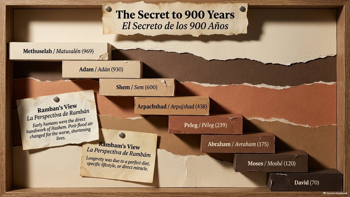 “The Secret to 900 Years”: a staircase of lifespans falling from Methuselah (969), Adam (930), Shem (600), Arpachshad (438), Peleg (239), Abraham (175) and Moses (120) to David (70), with notes on the Ramban’s view (the post-flood air changed for the worse) and the Rambam’s view (diet, lifestyle or a direct miracle).