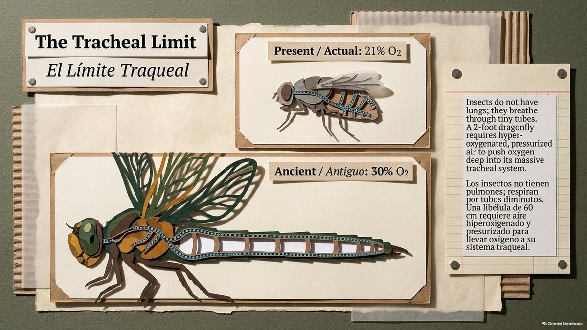 “The Tracheal Limit”: a fly in today’s 21% oxygen beside a giant dragonfly in an ancient 30% oxygen atmosphere. “Insects do not have lungs; they breathe through tiny tubes. A 2-foot dragonfly requires hyper-oxygenated, pressurized air.”