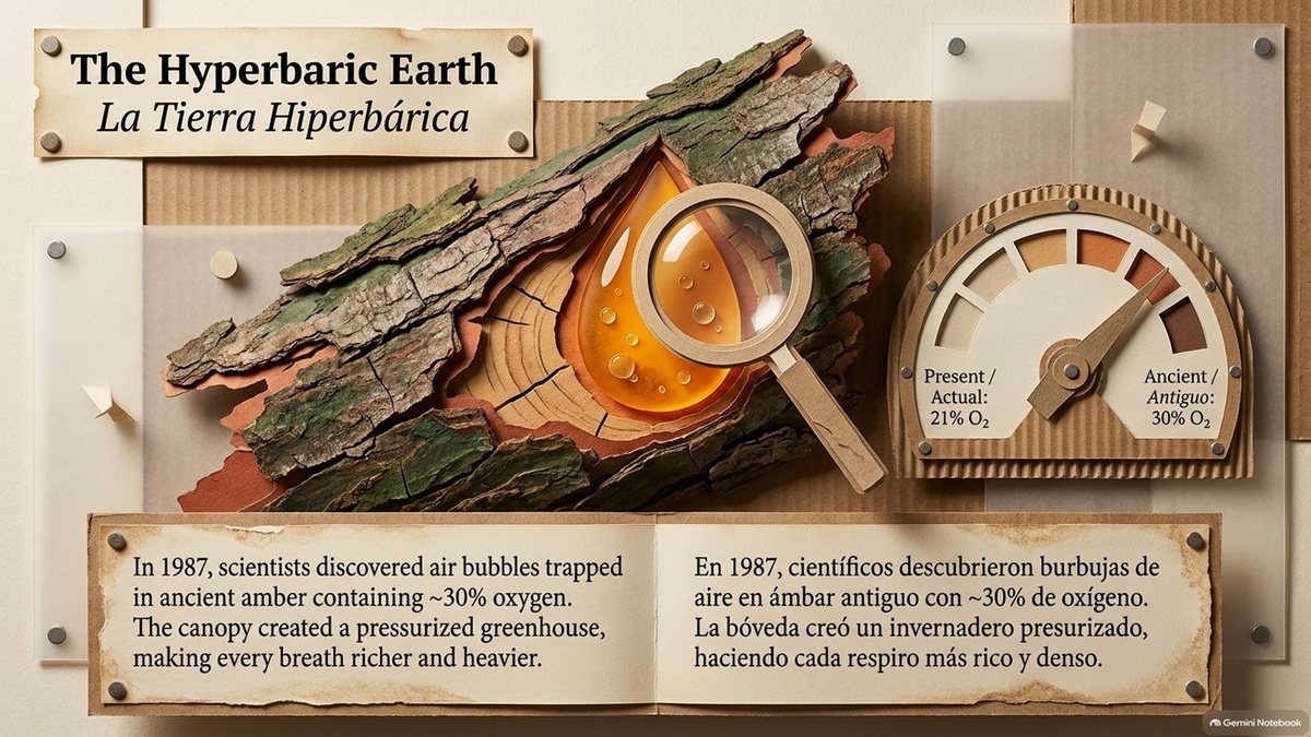 “The Hyperbaric Earth”: amber in tree bark under a magnifying glass and a gauge from 21% to 30% oxygen. “In 1987, scientists discovered air bubbles trapped in ancient amber containing about 30% oxygen. The canopy created a pressurized greenhouse, making every breath richer and heavier.”