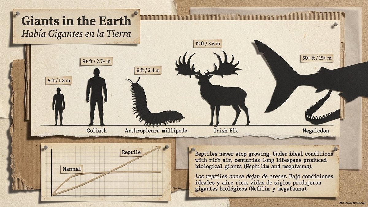 “Giants in the Earth”: silhouettes compared to a 6-foot man: Goliath (9+ feet), the Arthropleura millipede (8 feet), the Irish elk (12 feet) and the megalodon (50+ feet), with a chart showing that reptiles never stop growing. “Under ideal conditions with rich air, centuries-long lifespans produced biological giants (Nephilim and megafauna).”