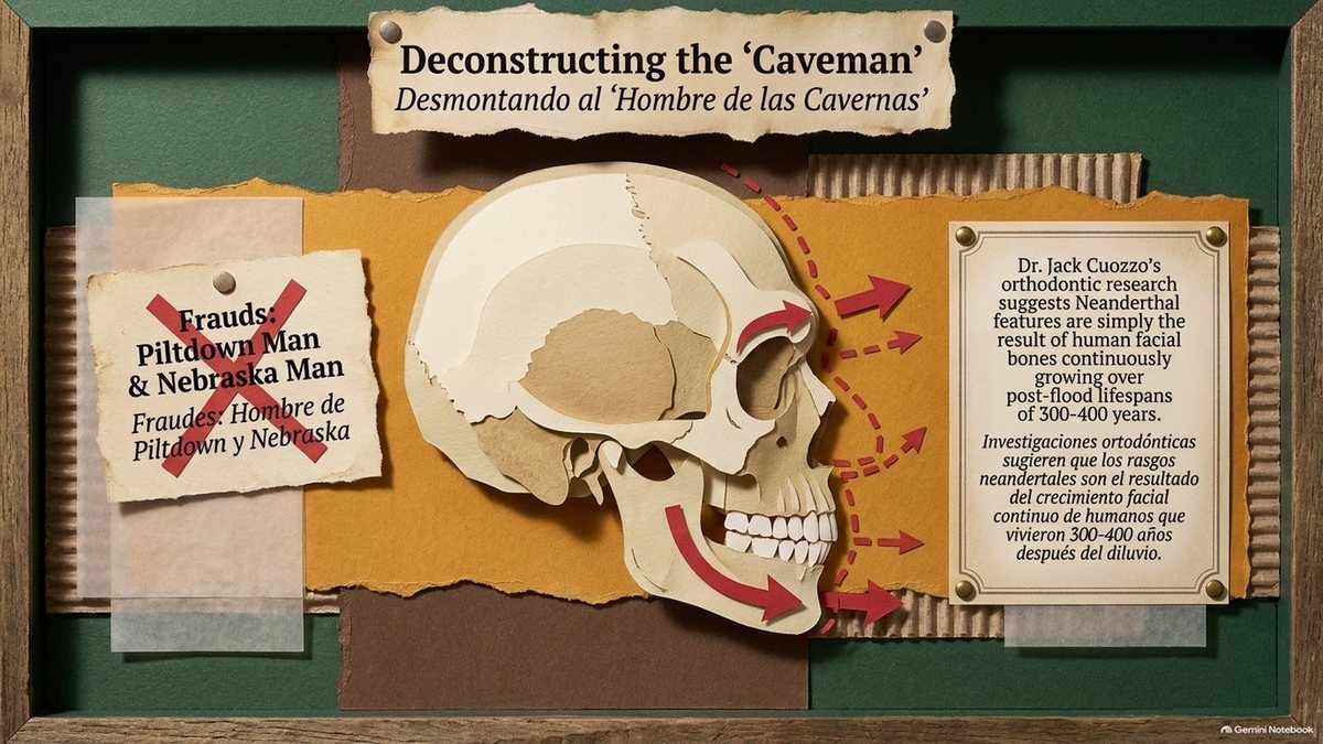“Deconstructing the ‘Caveman’”: a paper skull with arrows showing the face and jaw growing forward. Piltdown Man and Nebraska Man crossed out as frauds. “Dr. Jack Cuozzo’s orthodontic research suggests Neanderthal features are simply the result of human facial bones continuously growing over post-flood lifespans of 300–400 years.”