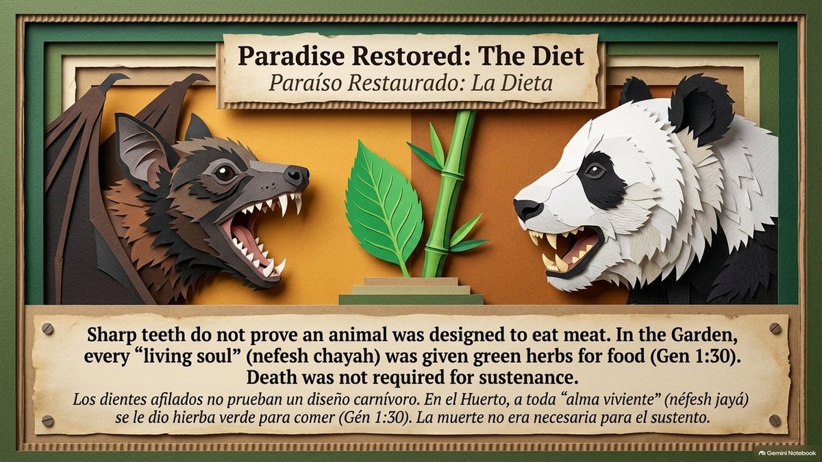 “Paradise Restored: The Diet”: a fruit bat and a panda bear with sharp teeth beside bamboo and a leaf. “Sharp teeth do not prove an animal was designed to eat meat. In the Garden, every ‘living soul’ (nefesh chayah) was given green herbs for food (Genesis 1:30). Death was not required for sustenance.”