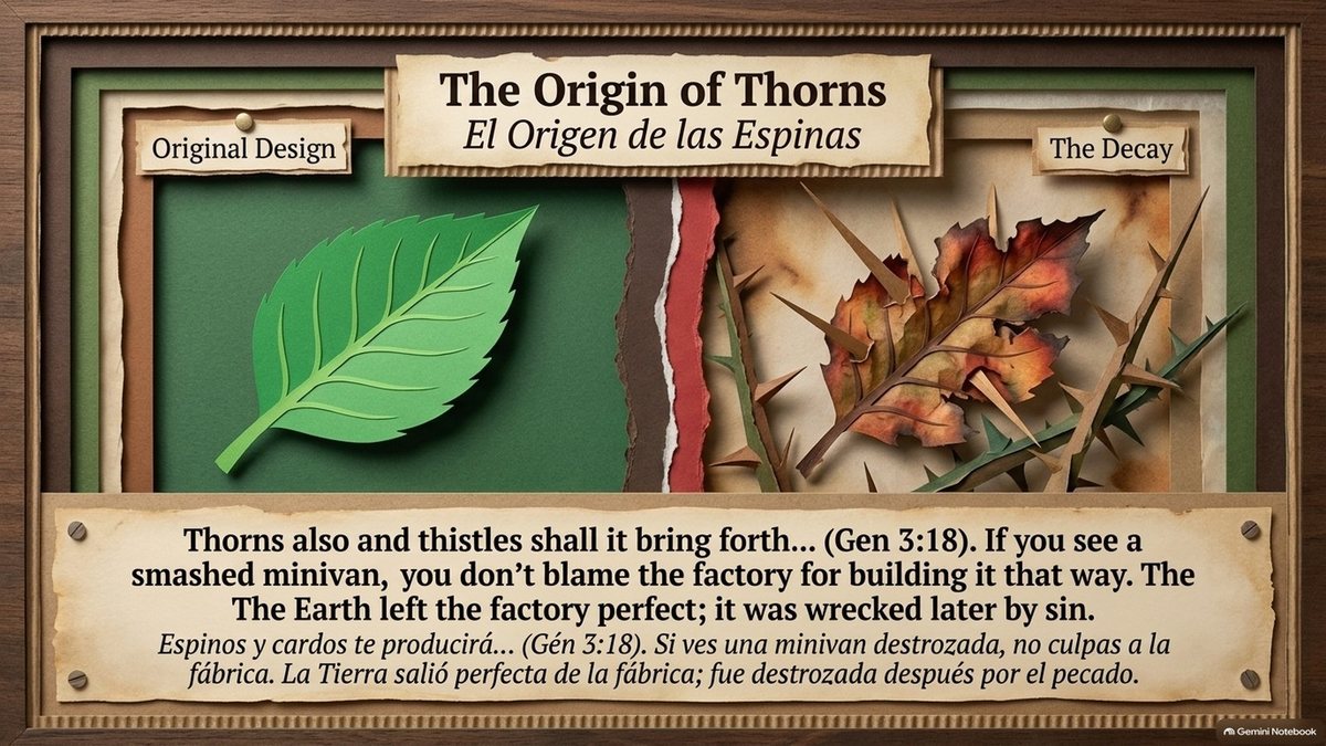 “The Origin of Thorns”: a perfect green leaf (original design) beside a withered leaf among thorns (the decay). “Thorns also and thistles shall it bring forth (Genesis 3:18). If you see a smashed minivan, you don’t blame the factory. The earth left the factory perfect; it was wrecked later by sin.”